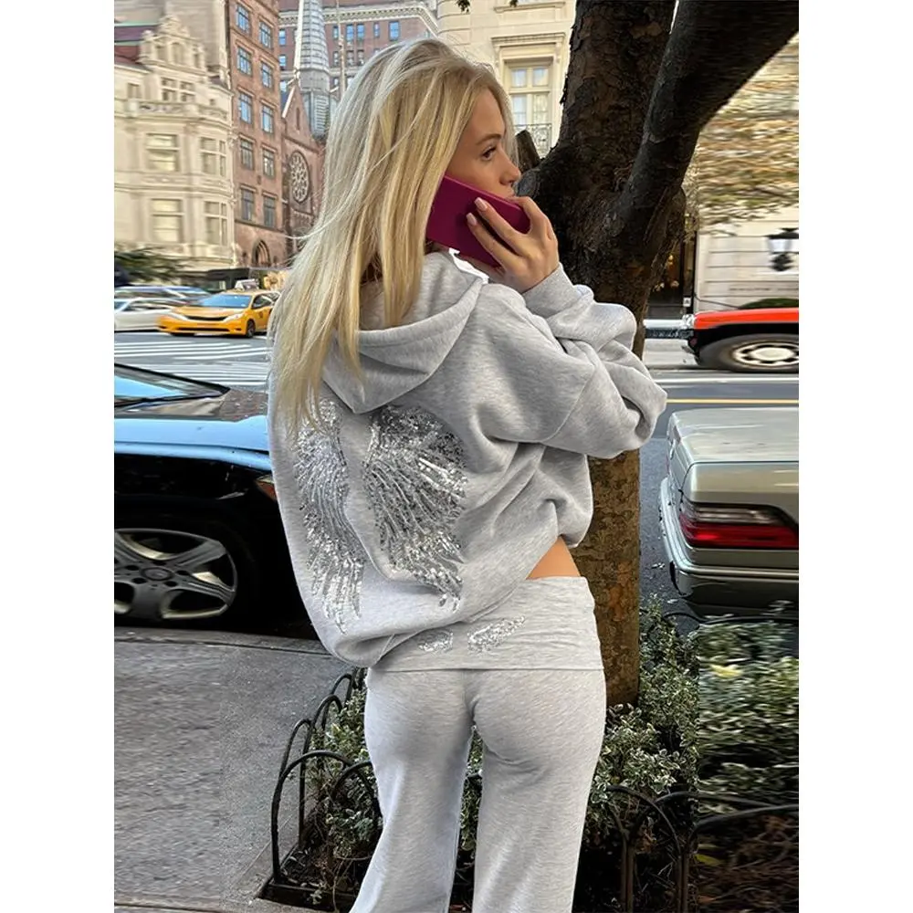 Fashion Loungewear Outfit High Steet Tracksuit Women's Grey Sequin Angel Wings Crop Hoodie Top and Sweatpants Set Fashion Casual