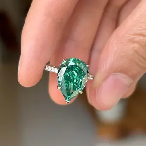 ShineofDiamond Fancy Green Sterling Silver Solitaire Engagement Ring with Pear Cut Gemstone