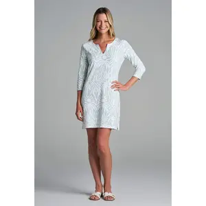 Women's Oceanside Tunic Dress with 3/4 Sleeve | Misty Aqua American Palm