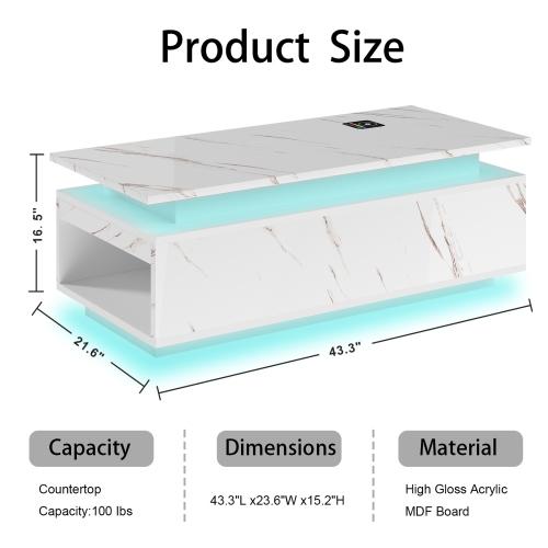 47" Modern Coffee Table with 24-Color LED with Wireless Charging, Bluetooth Speaker, and USB Ports, High Glossy Marble Coffee Table with Large Open 2-Tier Storage and Shelves for Living Room - White