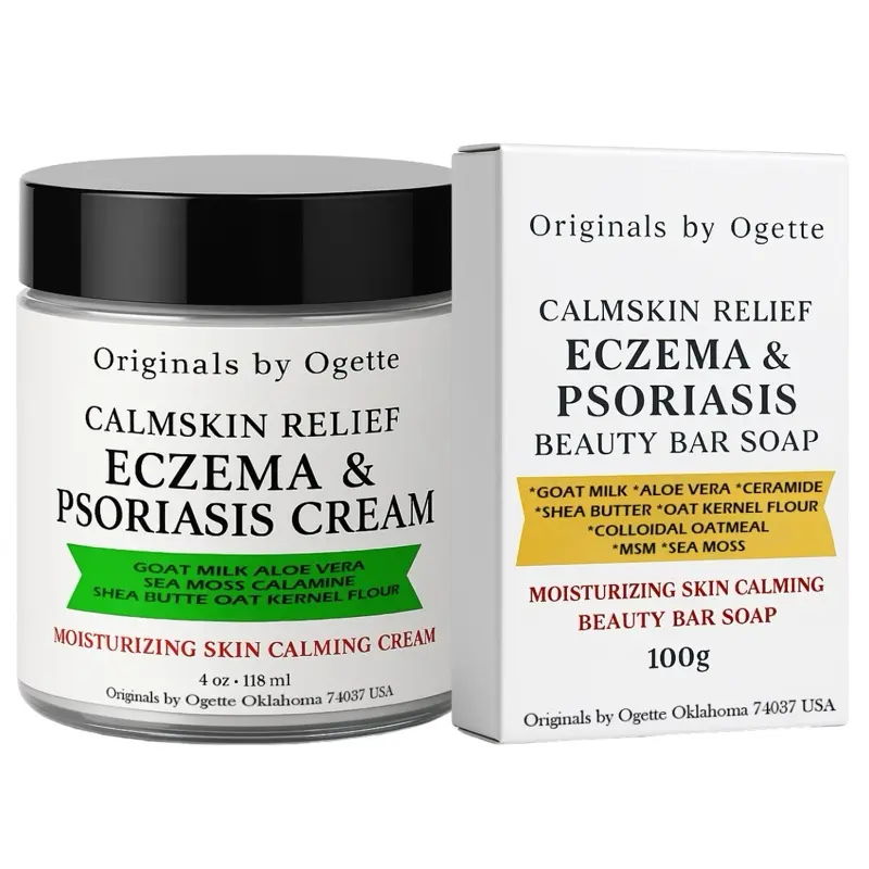 Calmskin Relief Eczema & Psoriasis Cream & Bar Soap Set - Moisturizing Skin Calming Formula with Goat Milk, Aloe Vera, Sea Moss, Calamine, Shea Butter, Oat Kernel Flour