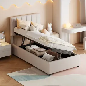 Twin Size Lift Up Storage Bed,Upholstered Platform Bed with Hydraulic Storage System,Vertical Stripe Headboard,Beige