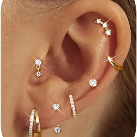 7 Pairs Small Stud Hoop Earrings for Women, Hypoallergenic Plated Huggie Earring Sets, Dainty Earring Stacks, Stackable Earrings, Cute Cartilage Jewelry, Trendy Gifts