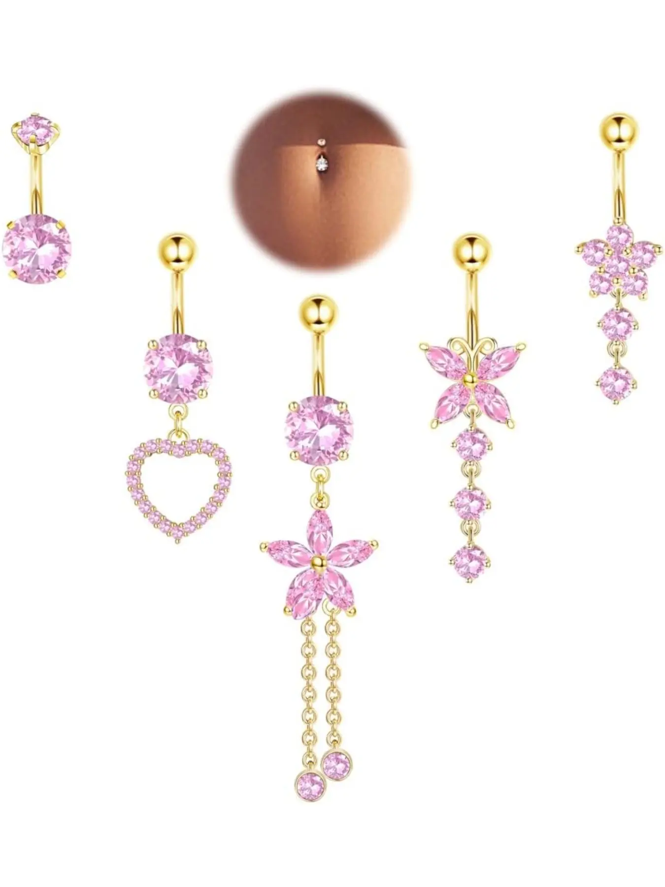 5Pcs Dangly Belly Button Bars Set, 14G Hypoallergenic 316L Surgical Steel Belly Piercing Jewelry, Body Piercing Jewelry, Gold Silver Pink Butterfly Heart CZ Belly Rings for Women Daily Party Wear Navel Piercing Jewelry