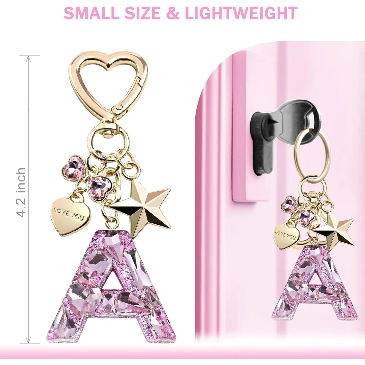 Cute shiny keychain with initials, butterfly, and star in pink and purple, suitable for women and girls, can be used to decorate bags, cups, etc., simple gift, holiday gift, special gift Cute shiny keychain with initials, butterfly, and star in pink and purple, suitable for women and girls, can be used to decorate bags, cups, etc., simple gift, holiday gift, special gift
