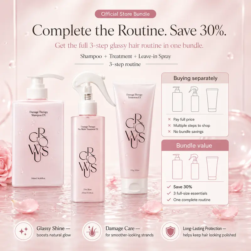 3-Step Glassy Hair Complete Routine Set for Dry, Damaged & Frizzy Hair | Marine Peptide, Ceramide, Keratin & Collagen | Shampoo + Treatment + Leave-in Spray with Heat Protection | GROWUS