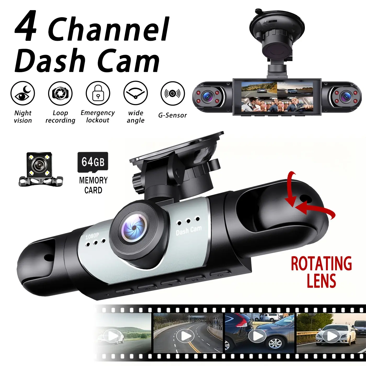 1080P HD Car Dvr Recorder, Automotive Dvr, 4 Cameras Front Rear Left Right, Night Vision, Loop Recording, Emergency Lock, Free Memory Card Included, Car Dash Camera, Video Dashcam