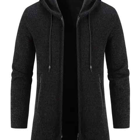 Men's Regular Fit Solid Pocket Drawstring Zip Up Hooded Cardigan, Casual Long Sleeve Zip Front Outerwear for Fall & Winter, Men's Knitwear for Daily Wear