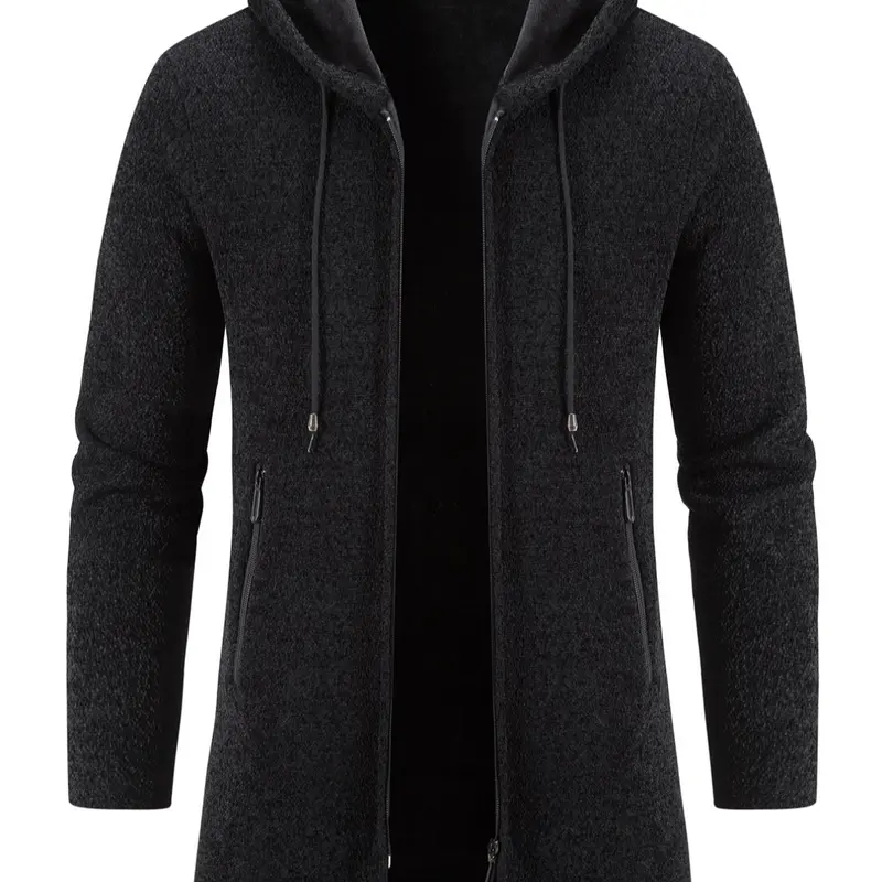 Men's Regular Fit Solid Pocket Drawstring Zip Up Hooded Cardigan, Casual Long Sleeve Zip Front Outerwear for Fall & Winter, Men's Knitwear for Daily Wear