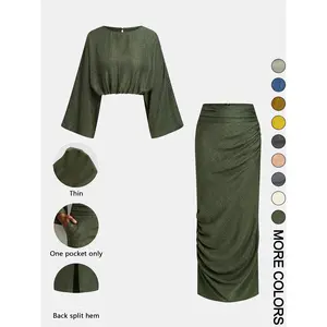 (New)Effortless Casual Two-Piece Set |         Batwing Sleeve Top & Mid-Rise Draped Maxi Skirt for Women, Non-Linen Non-Stretch Fabric with Single Pocket, Summer Vacation Boho Outfit & Everyday Wear
