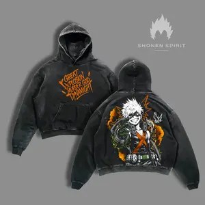 Bakugo Washed Hoodie, My Hero Academia Merch, Explosion Quirk Apparel, Vintage Washed Oversized Sweater, Dynamight Graphic, MHA Hero Fashion.