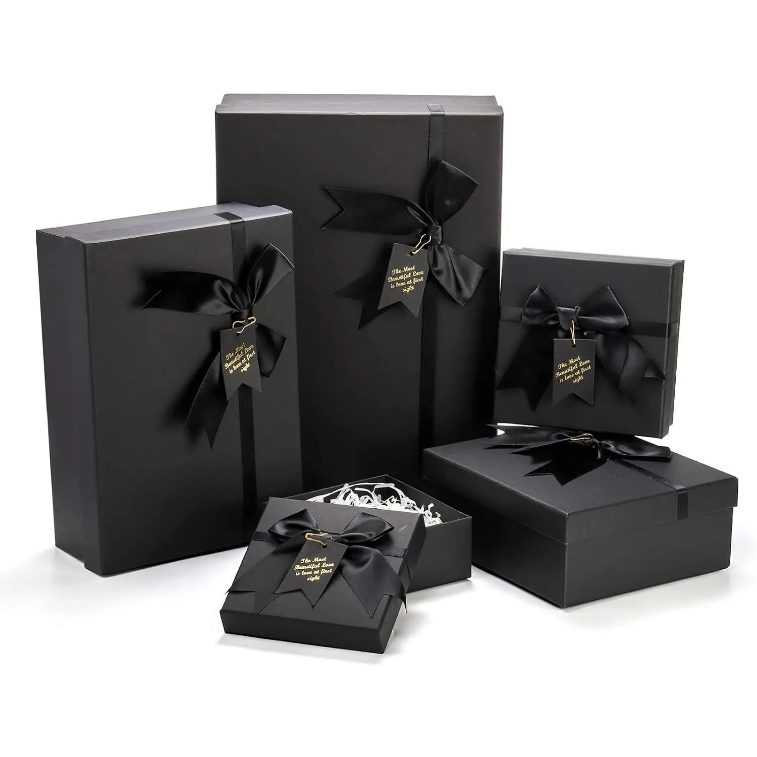 5 Pack Black Nested  Boxes with Lid for Valentine's Presents, 5 Sizes Luxury Packaging Box with Ribbon Bows and Label  Wrap for Thanksgiving Birthday, Weddings, Mother's Day 13.7'' to 5.1''