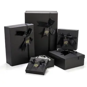 5 Pack Black Nested  Boxes with Lid for Valentine's Presents, 5 Sizes Luxury Packaging Box with Ribbon Bows and Label  Wrap for Thanksgiving Birthday, Weddings, Mother's Day 13.7'' to 5.1''