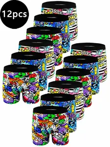 Men's Graffiti Print Underwear Boxer Briefs Set, 5-16 Pcs, Long Sport Boxers, Soft Breathable Fabric, Durable Design, Ideal for Daily Wear & Active Lifestyle