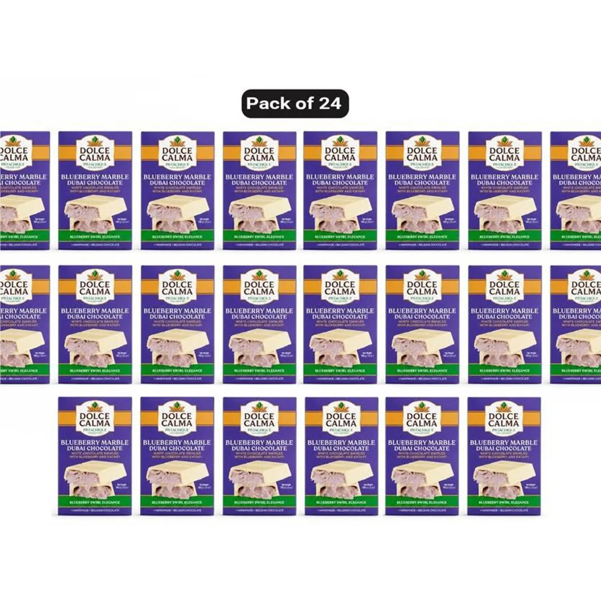 Dolce Calma Handcrafted Blueberry Belgian Chocolate Bars (Pack of 2, 100g/3.5oz Each) - Authentic, No Palm Oil, with Turkish Pistachio, Crispy Kataifi Kunafa Filling, Ships with 2 Ice Gel Packs