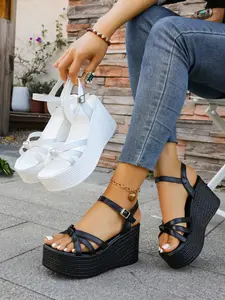 Women's Casual Sandals, New Thick Sole Waterproof Wedge Heel Slippers, Versatile Buckle Strap Student Fish Mouth Shoes, Slimming High Heel Roman Style, Classic