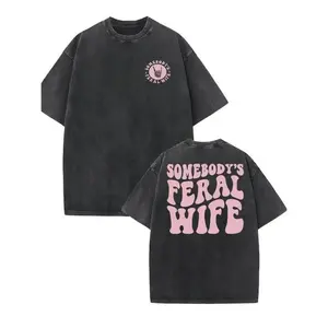 Retro Washed Cotton T-Shirt, "Somebody's Feral Wife" Pattern Printed On Both Sides, Casual Round Neck, Short Sleeves, Adult Summer Coat -100% Cotton Knitted Fabric. classic  rock  tee moon  rocks macco