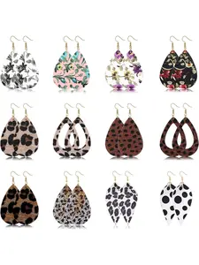 12-20pairs Faux Leather Earrings for Women Floral Leopard Teardrop Earrings Lightweight Drop Dangle Earring