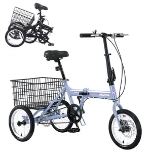 Adult folding tricycle, 14 inch 3-wheeled adult bicycle with basket, 95% pre installed foldable steel frame, capacity of 200 pounds
