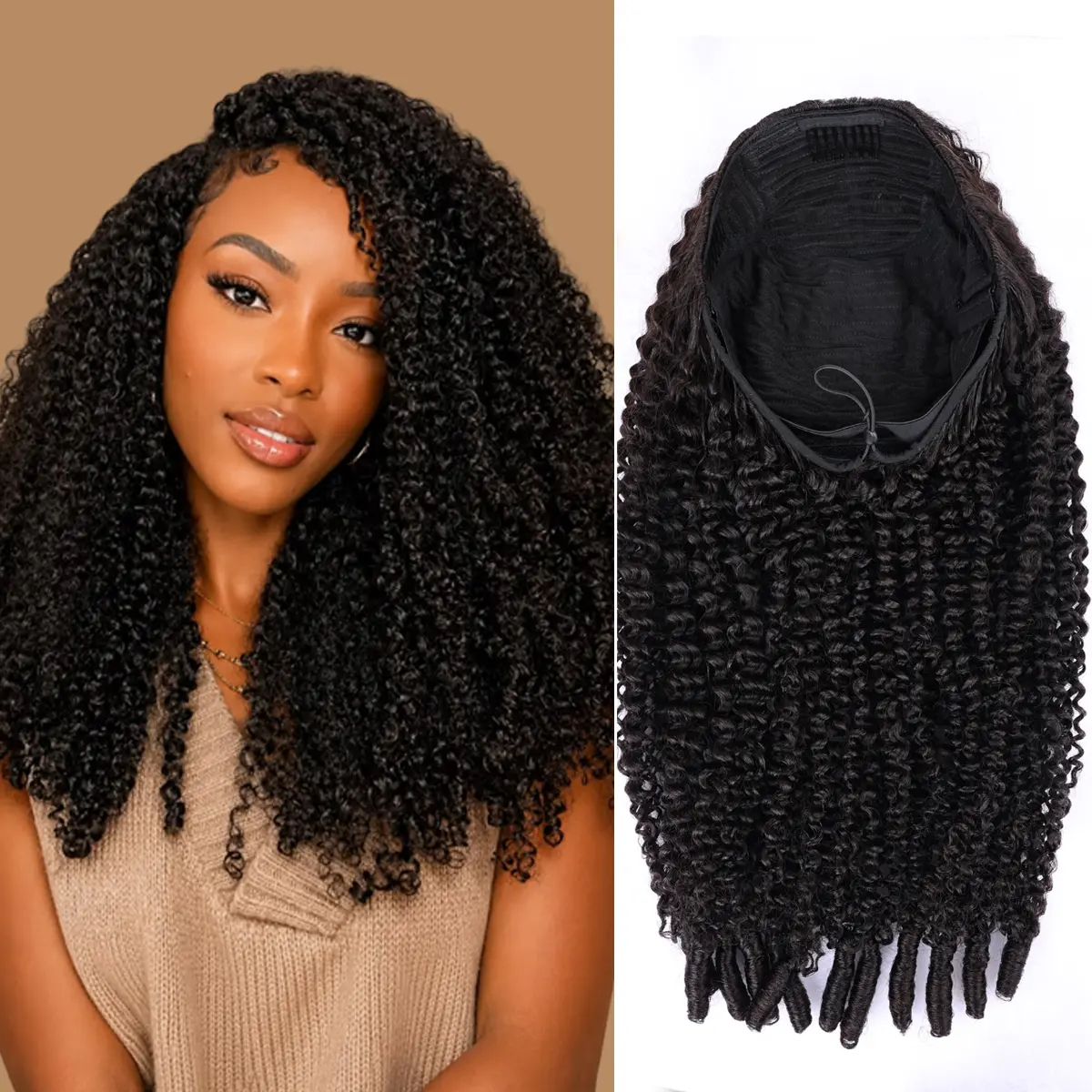 Perismoda Hair kinky curly Human Hair Half Wig 250% High Density Glueless Flip Over Wig with InvisiFit Strap & Drawstring Cap Natural Invisible Hairline Seamless Blend Wig Easy Install for Summer Beach Hairstyles Beginners Friendly