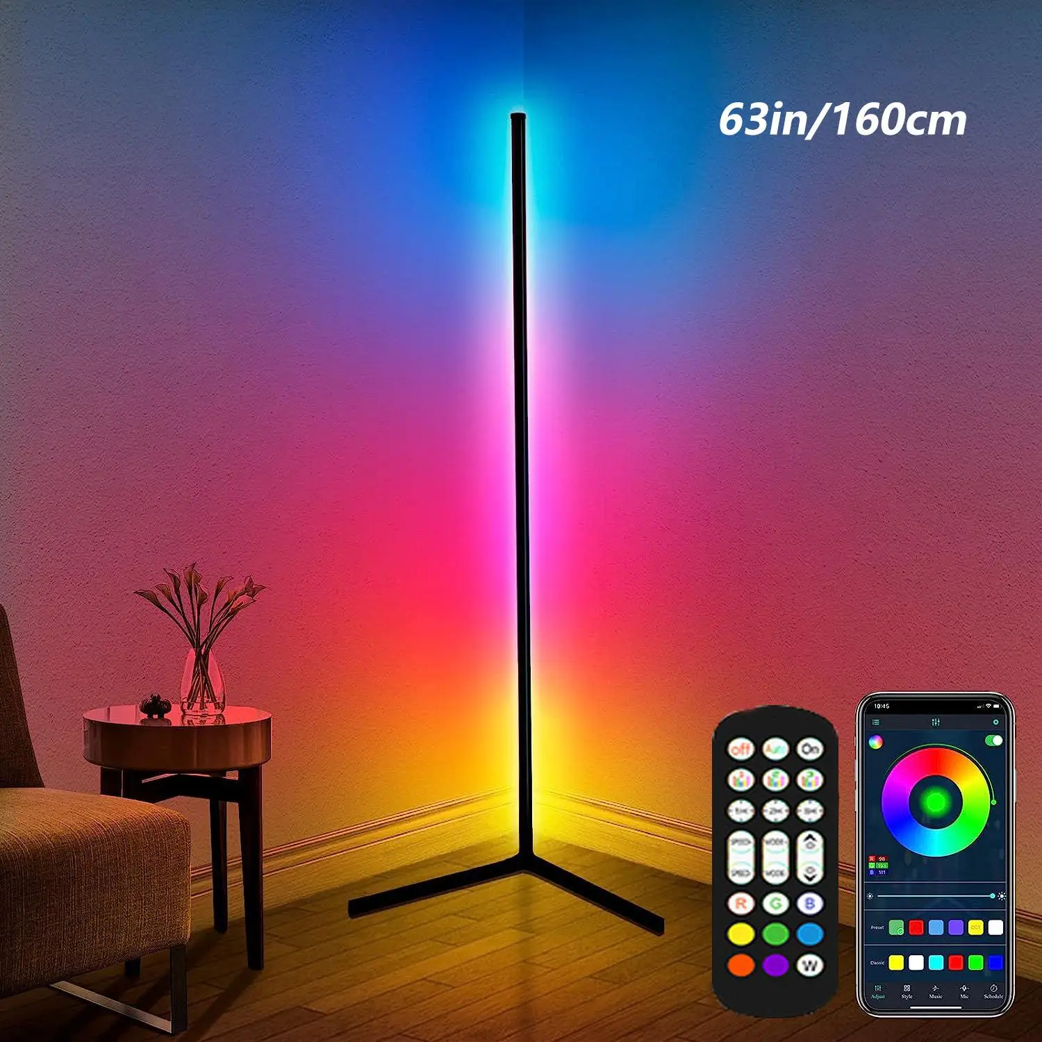 RGB Floor Lamp, USB Powered LED Corner Lamp with APP & Remote Control, Modern Floor Light with Music Sync & 16 Million DlY Colors, Color Changing Stan