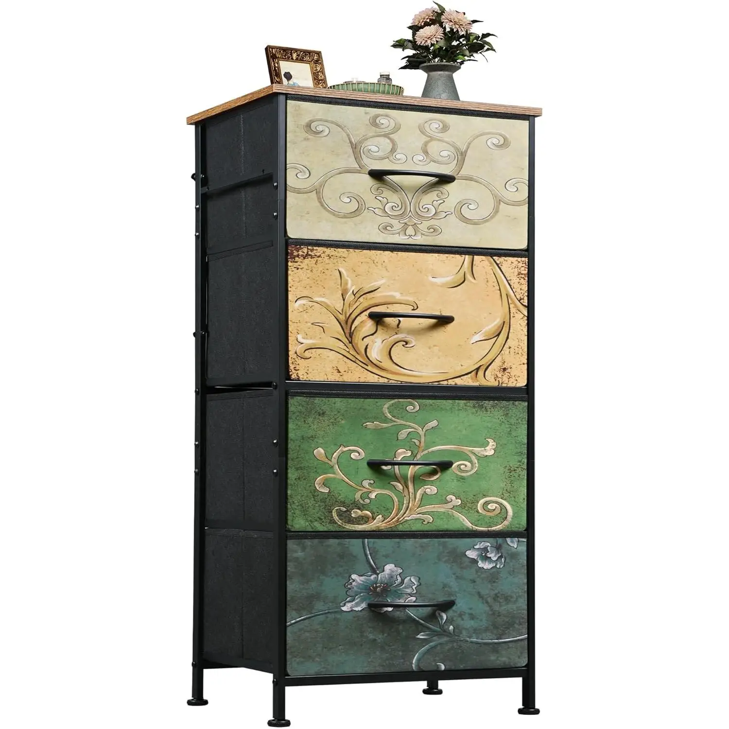 WLIVE Dresser with 4 Drawers, Fabric Dresser for Bedroom, Vintage Furniture with Steel Frame, Wood Top, Floral Painted Multi Layer Cabinet