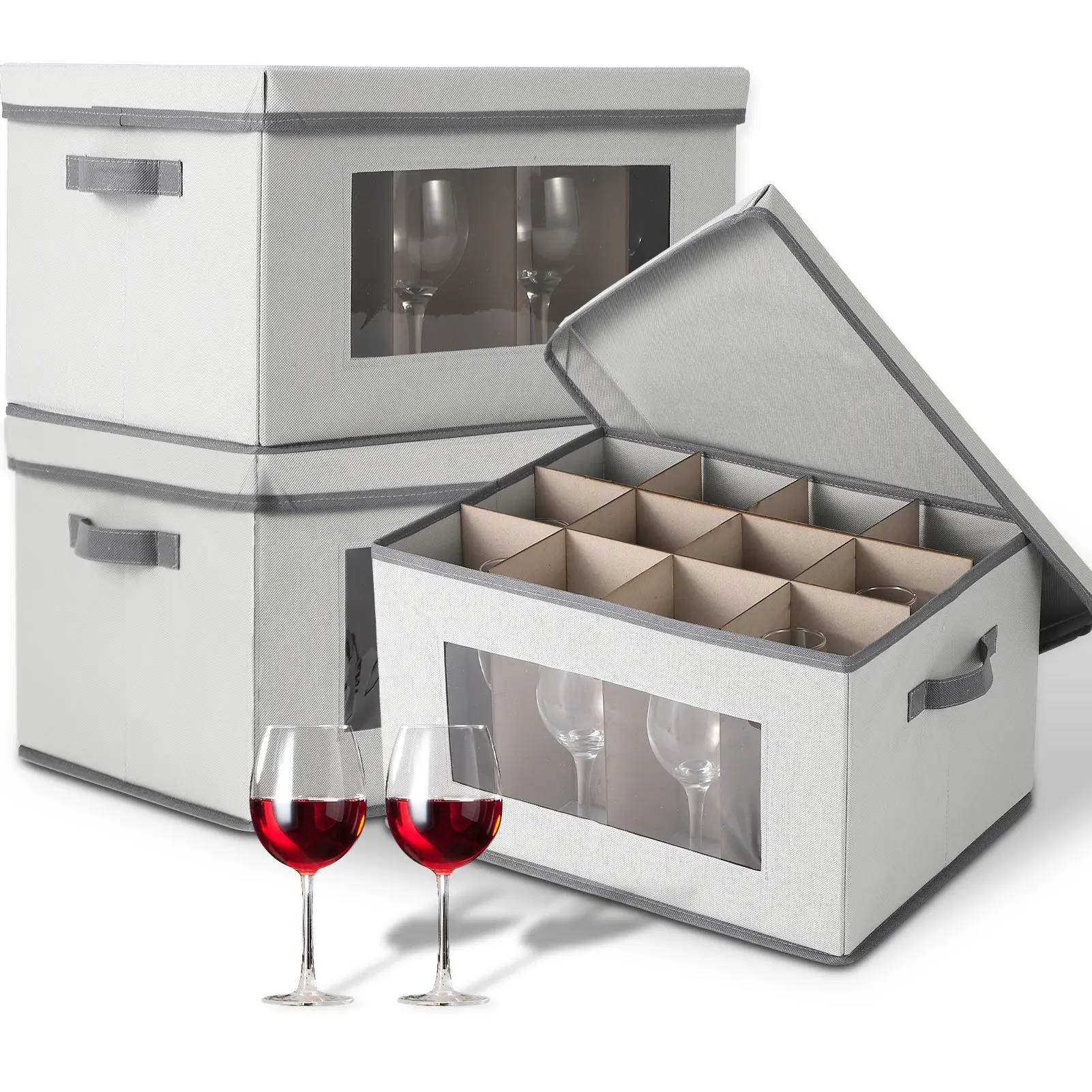 Wine Glass Storage Box 3 Pack, Stemware Container Cases with Dividers, 12-Compartment Stemware Organizers with Lid, Handle & Clear Window, for 36 Crystal Glasses Drinkware 10'' Tall, Grey