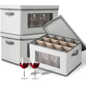 Wine Glass Storage Box 3 Pack, Stemware Container Cases with Dividers, 12-Compartment Stemware Organizers with Lid, Handle & Clear Window, for 36 Crystal Glasses Drinkware 10'' Tall, Grey