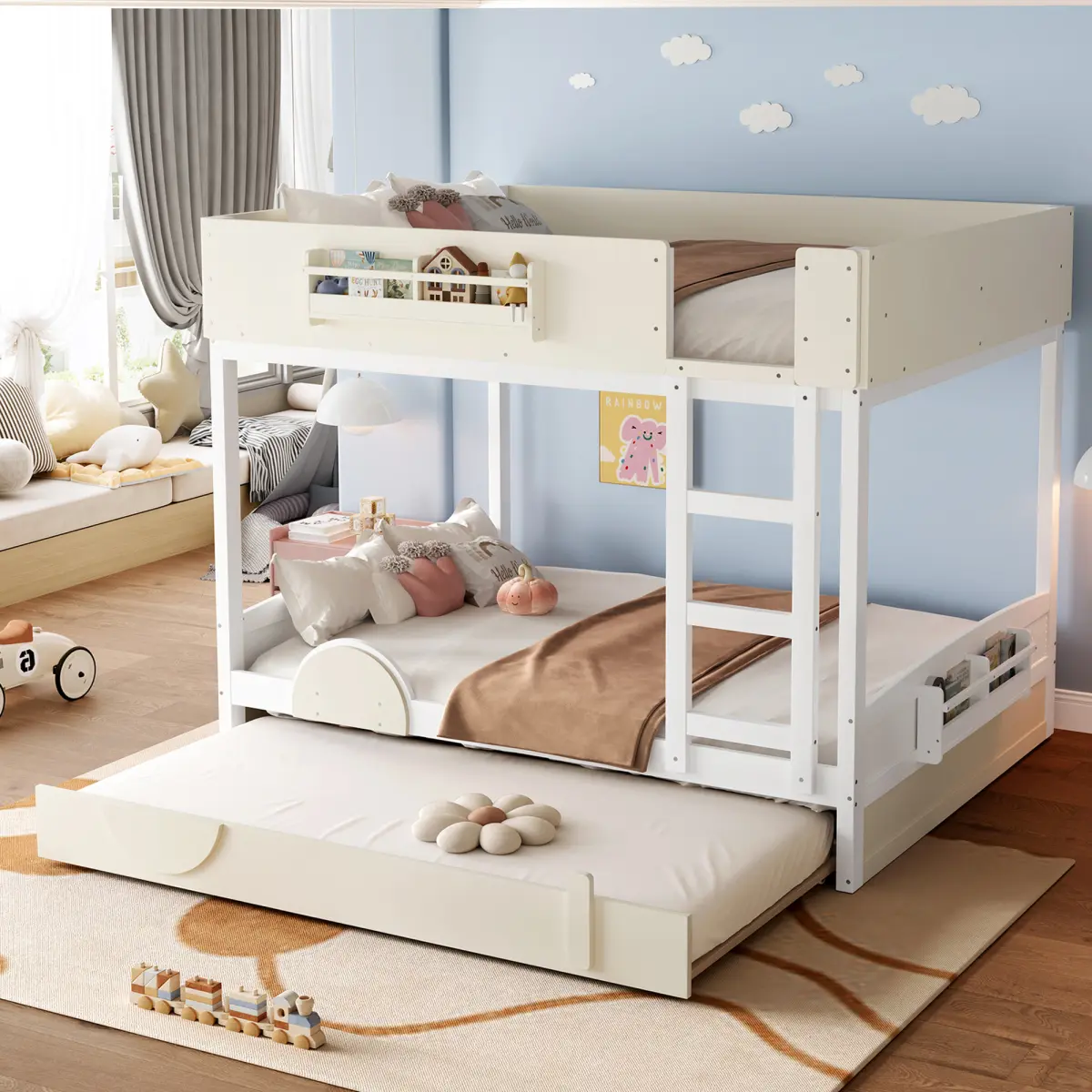 Pine Solid Wood Queen Bunk Bed with Trundle Pull-Out Bed - Built-In Bookshelf/Storage for Kids, High-Quality Safety Rail, Durable Space-Saving Fun Automobile Design, 237lbs Weight Capacity, 83.3"l x 62.6"w x 63.9"h, Assembly Required, White & Beige