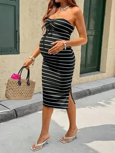 DANLIEN Black Striped Drawstring Maternity Tube Dress - Slim Fit Vacation Summer Strapless Midi Dress for Pregnant Women Bump Friendly