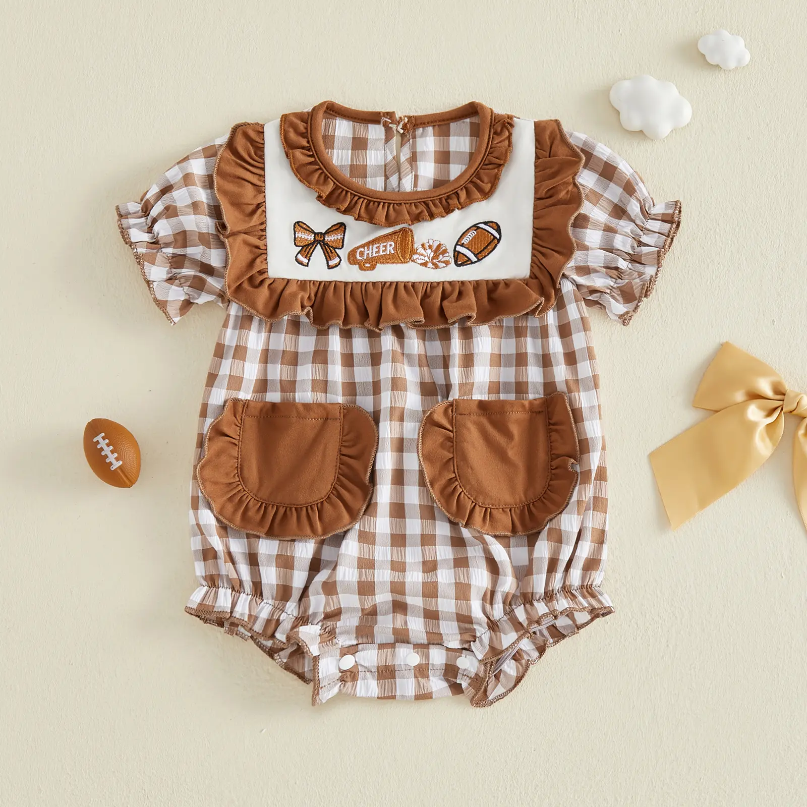 Infant Girl's Plaid Bubble Romper, Casual Summer Jumpsuit with Rugby Embroidery, Puff Sleeves and Ruffle Trim, from 37 cm