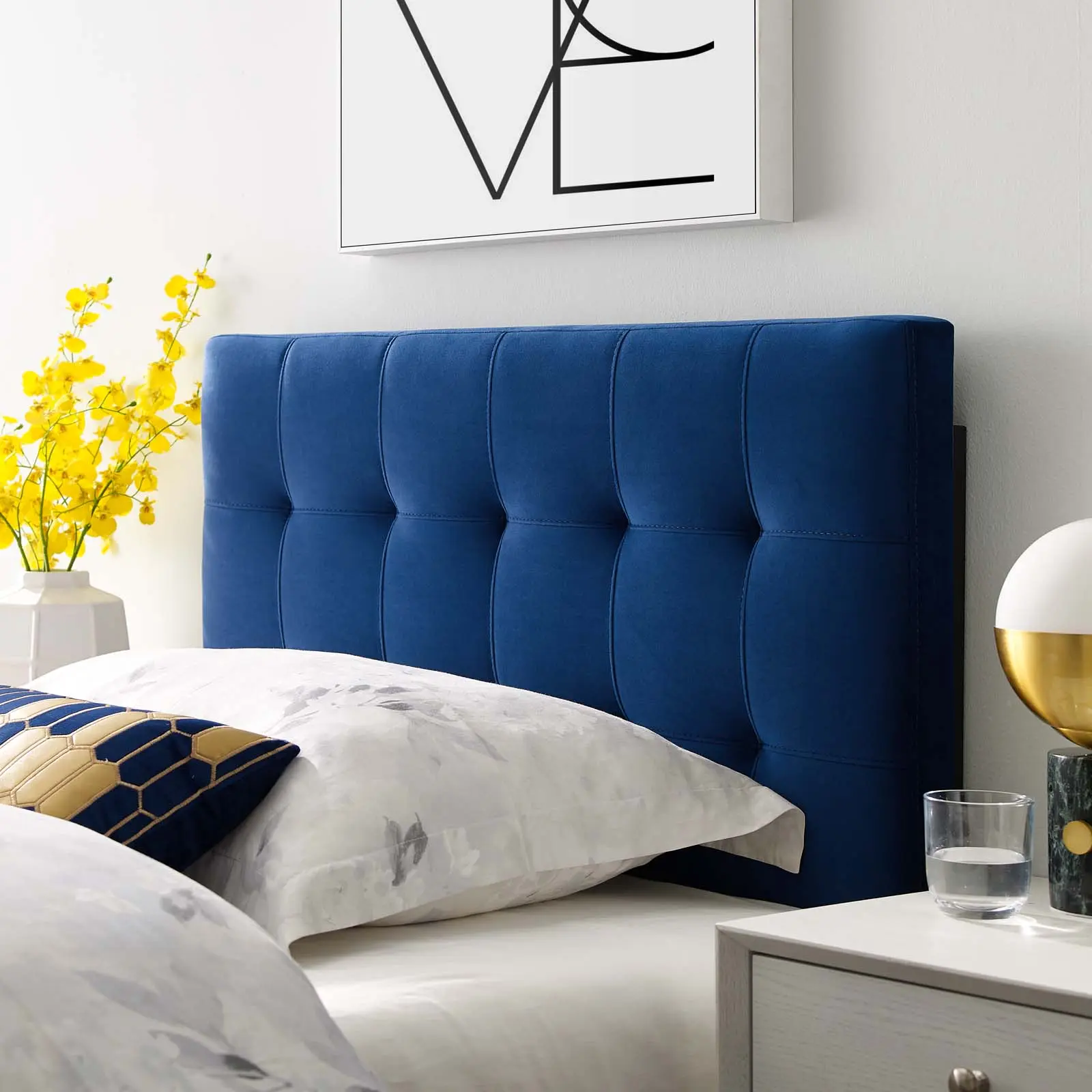 Modway Lily Biscuit Tufted Twin Upholstered Fabric-Covered Height-Adjustable Modern Velvet Performance Headboard in Navy, Upholstered Headboard, Fabric-Covered Headboards
