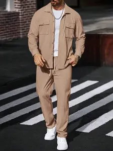 Men's Long Sleeve Two-Piece Fitted Set with Long Pants, Solid Color Sports Work Shirt with Double Pockets for Outdoor Activities Trouser