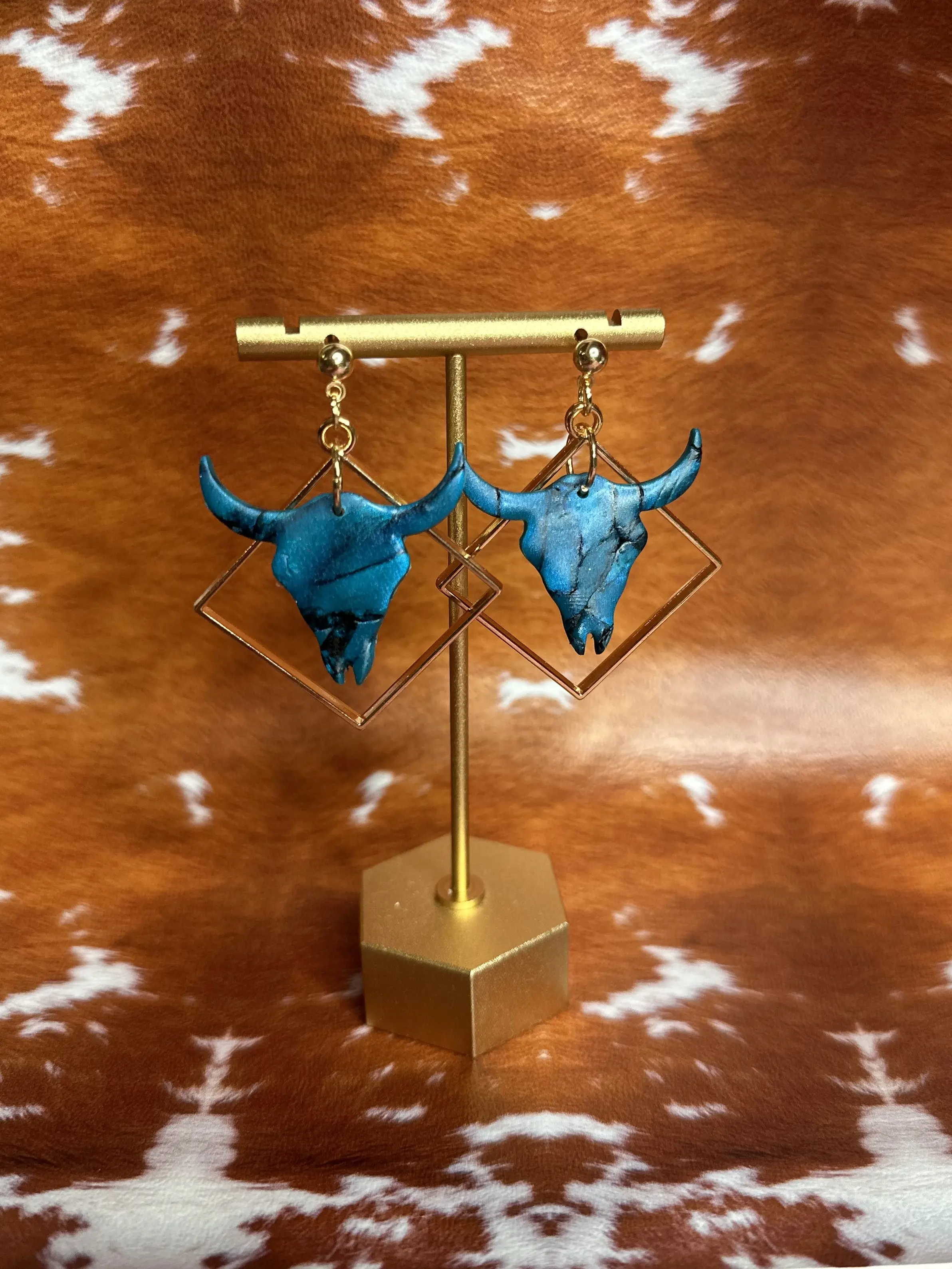 Longhorn Skull Polymer Clay Western Earrings Turquoise