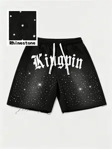 Unisex Summer Casual Drawstring Shorts, Rhinestone & Letter Print, Loose-Fit H-Type, Fashionable Daily Wear, Comfortable Sportswear