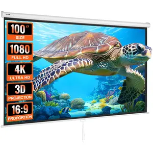 VEVOR  Manual Projector Screen, 100 inch 16:9 4K 1080 HD Retractable Pull Down Projector Screen, Auto-Locking Portable Movie Screen for Family Home Office Theater, Fully Assembled