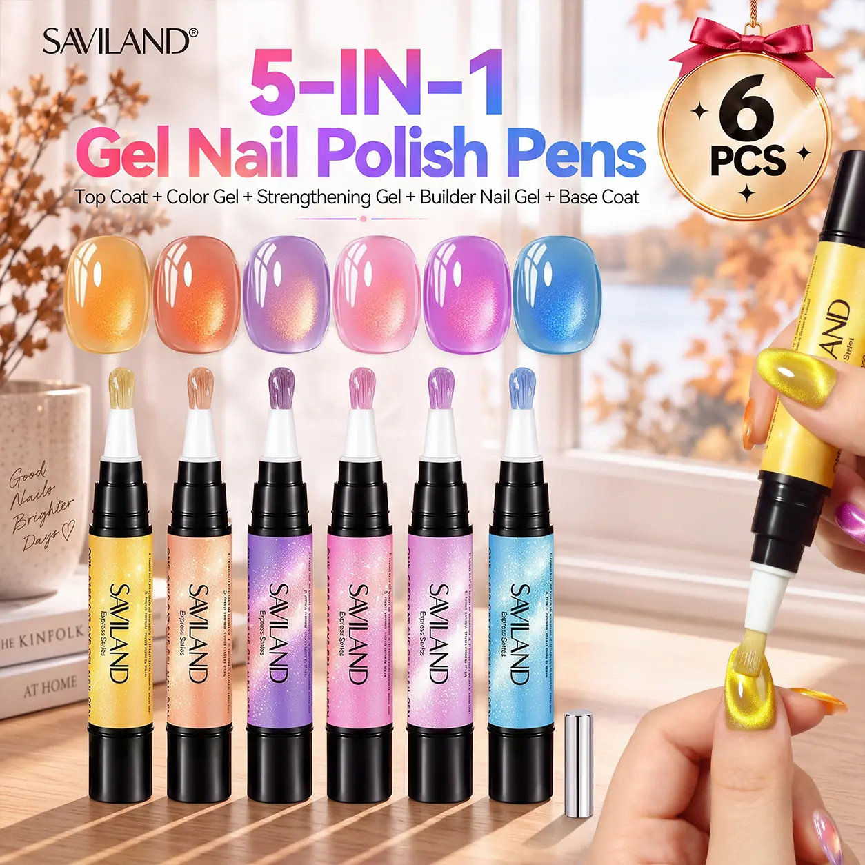 SAVILAND 5-in-1 Gel Polish Set - Base, Color, Top Coat All-in-1 Glitter Magnetic Shimmer Gel Nail Polish, Aurora Effect, UV/LED Curing, Mess-Free Travel-Friendly Design for DIY Nail Art (Pink Red Orange Glitter, Red Violet)