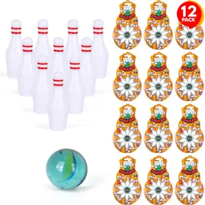 12 Pack Bowling Party Favors, Each Set Includes 10 Miniature Pins and 1 Marble Ball, Mini Bowling Set, Fun Mini Games for Kids and Adults, Great Desk Toys