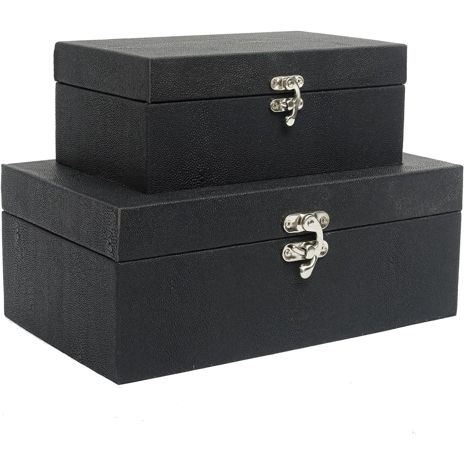 Faux Shagreen Leather Decorative Storage Boxes Set of 2, Black