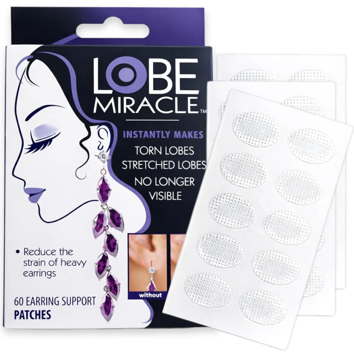 Lobe Miracle - Clear Earring Support Patches - Earring Backs for Droopy Ears - Ear Care Products for Torn or Stretched Ear Lobes (60 Patches)