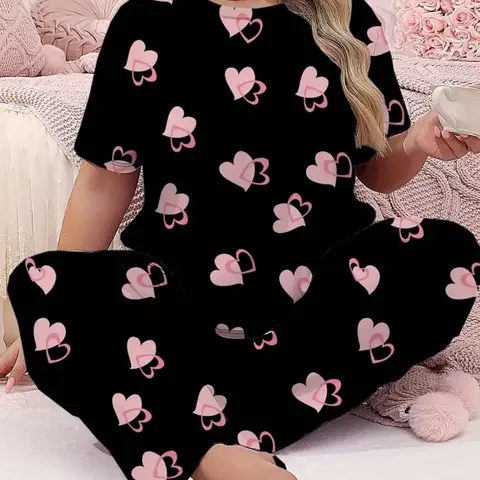 [Plus Size] Two-piece Set Heart / Skull Print Tee & Elastic Waist Pants Pyjama Set, Casual Comfy Round Neck Short Sleeve T-shirt & Trousers PJ Set, Women's Loose Fit Nightwear Sleepwear & for Summer, Pajama Set, Lounge Pajamas, Pyjamas Set