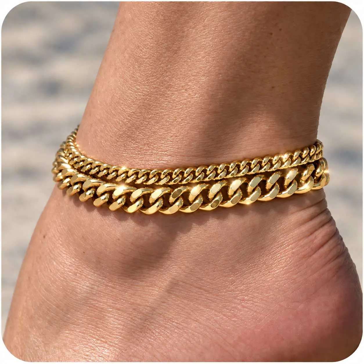 Women's 2-Piece Chunky Links Layered Cuban Link Anklet Set - Gold Plated, Silver Plated, Copper Coated, Adjustable Style Anklets for Beach Vacations, Everyday Wear, Gifts for Her