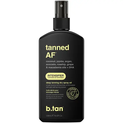 b.tan Tanned AF Intensifier Dry Spray Tanning Accelerator (236ml) for Adults - Fast Dark Outdoor Beach Tan, Coconut, Vitamin C, Rosehip, Algin, Grape, Avocado & 7 Ultra Oils for Hydration & Moisturizing, Vegan Normal Body Care, No SPF