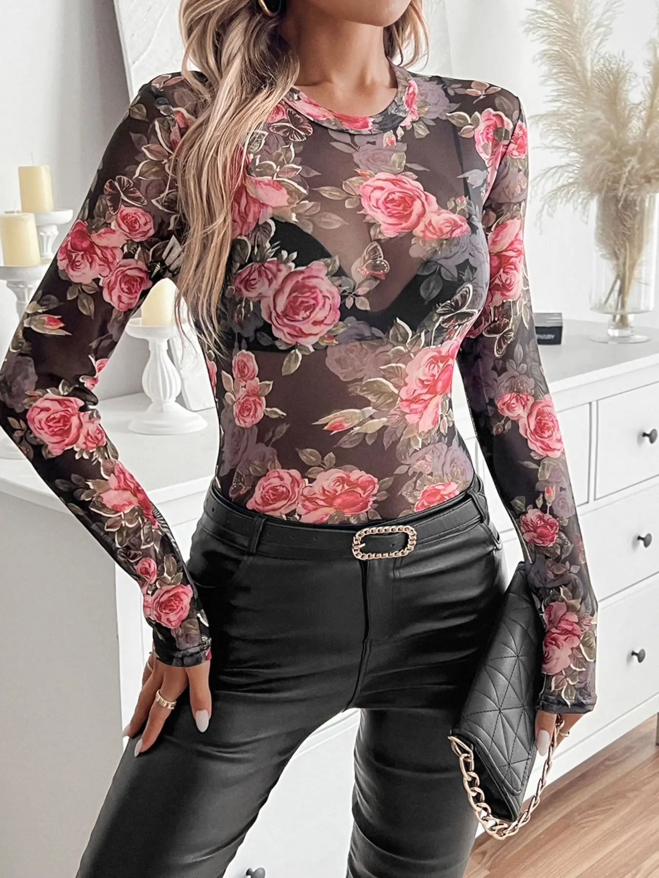 Rose Print Floral Pattern Semi-Transparent Long Sleeve Top, Shirts, Slim Fit Bell Sleeves, Elegant Feminine Everyday Office Commute Wear, Light Mature Style, Womenswear