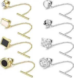 8Pcs Tacks for Men Regular Ties Necktie 14K Gold Plated Pins With Chain for Wedding Business Anniversary
