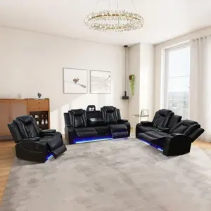Power Recliner Sofa Set with LED Breathing Leather Couch 3 Piece Living Room Set 3 Seat Reclining Sofa Two Chairs USB Ports Coffee Table Black Adjustable Recline & USB Charging