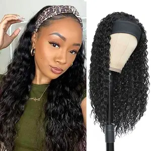 Bling Hair Deep Wave Headband Human Hair Wig For Black Women Water Wave Wigs With Headbands Attached Black Half Wig