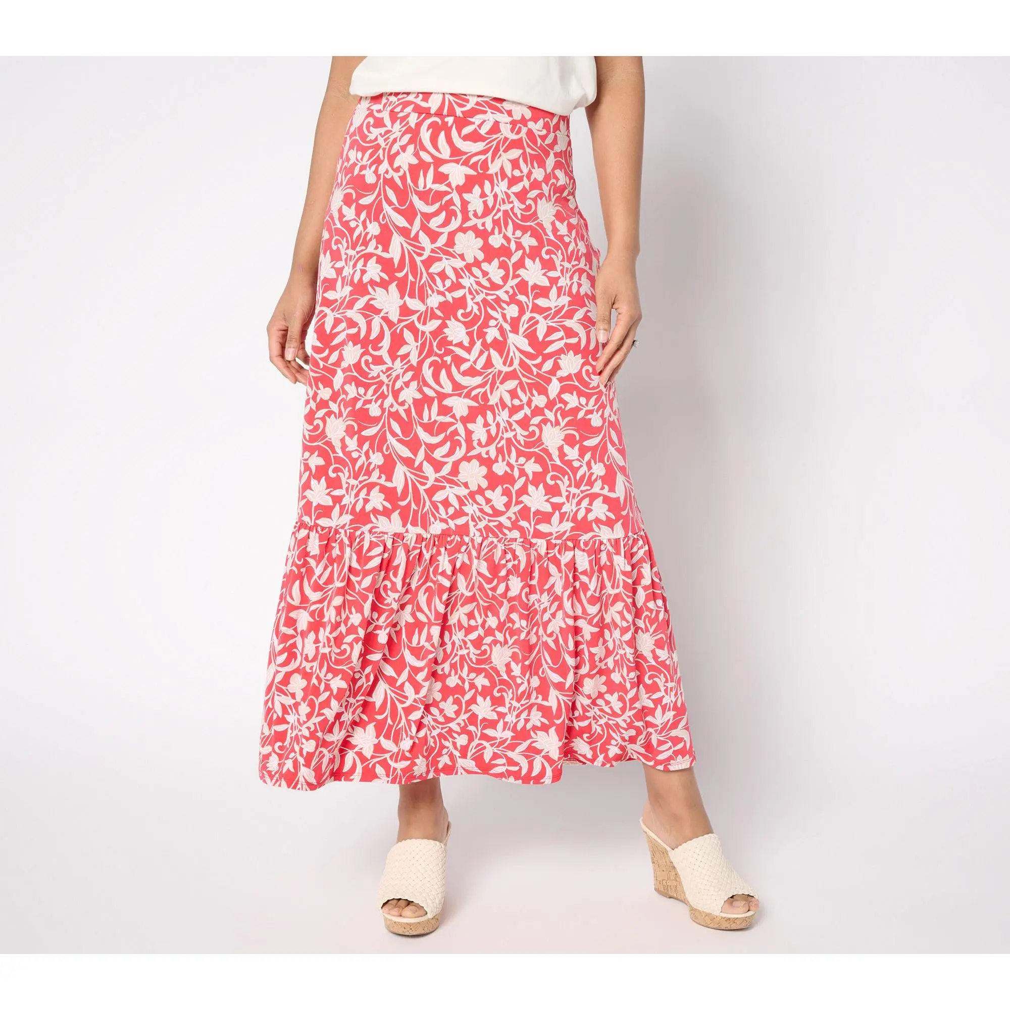 Susan Graver Regular Printed Liquid Knit Tiered Maxi Skirt - TikTok Shop