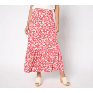Susan Graver Petite Printed Liquid Knit Tiered Maxi Skirt