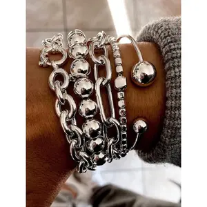 5pcs Vintage Exaggerated Minimalist Old Coin Design Layered Chunky Chain & Bead Bracelet Set, Trendy Stack Bangle, Suitable For Date, Vacation, Daily Wear, Party, Holiday Gift For Women